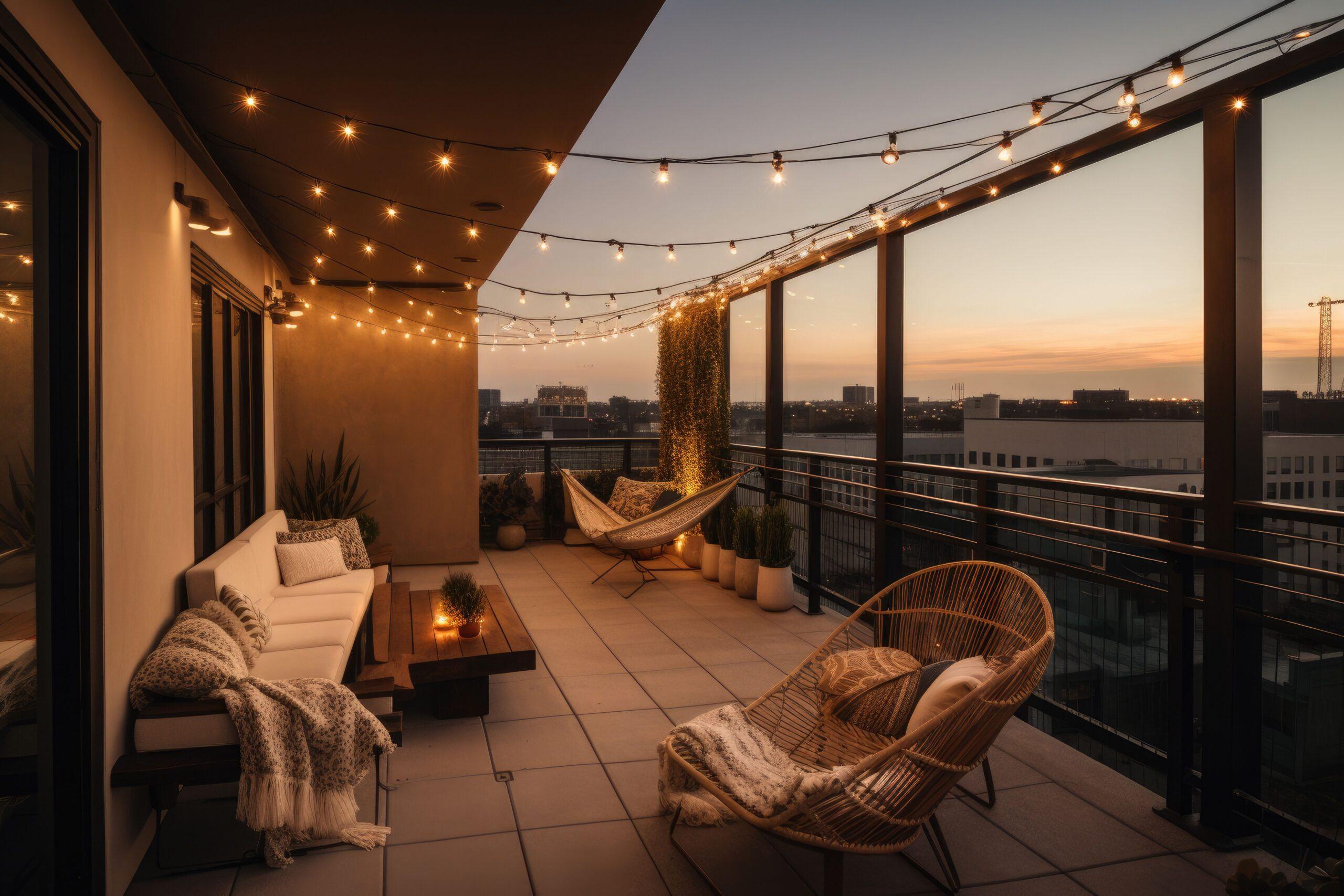 Ein moderner, komfortabler Dachterrassenbereich mit Loungebereich, Hängesessel und Lichterketten bei Sonnenuntergang, generative KI