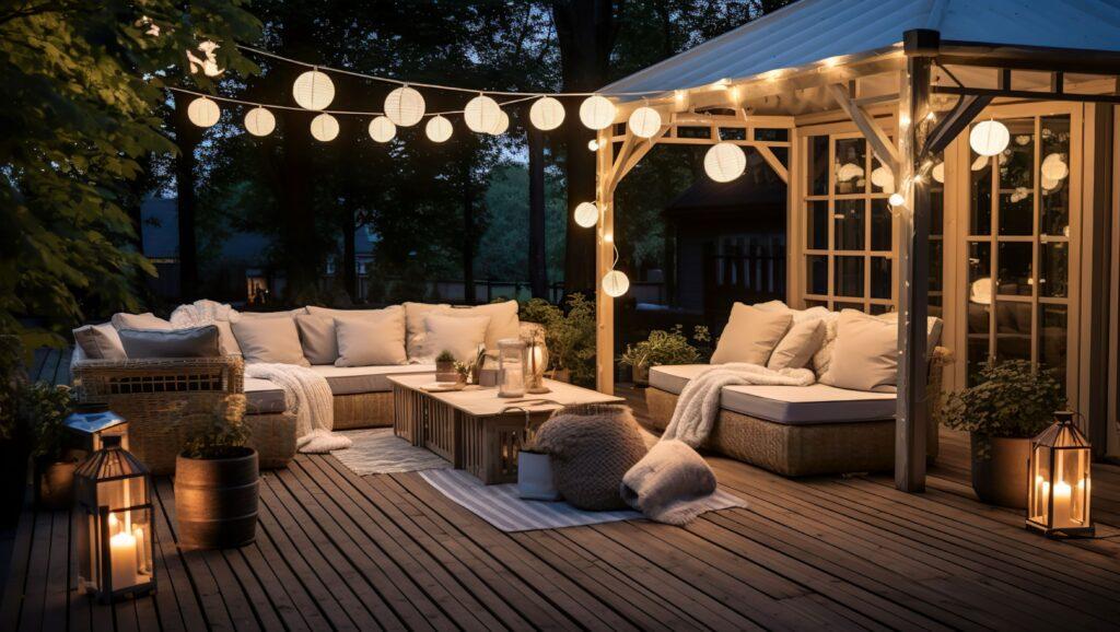 Sommerabend auf der Terrasse eines schönen Vorstadthauses mit Lichtern im Gartengarten, digitaler KI
