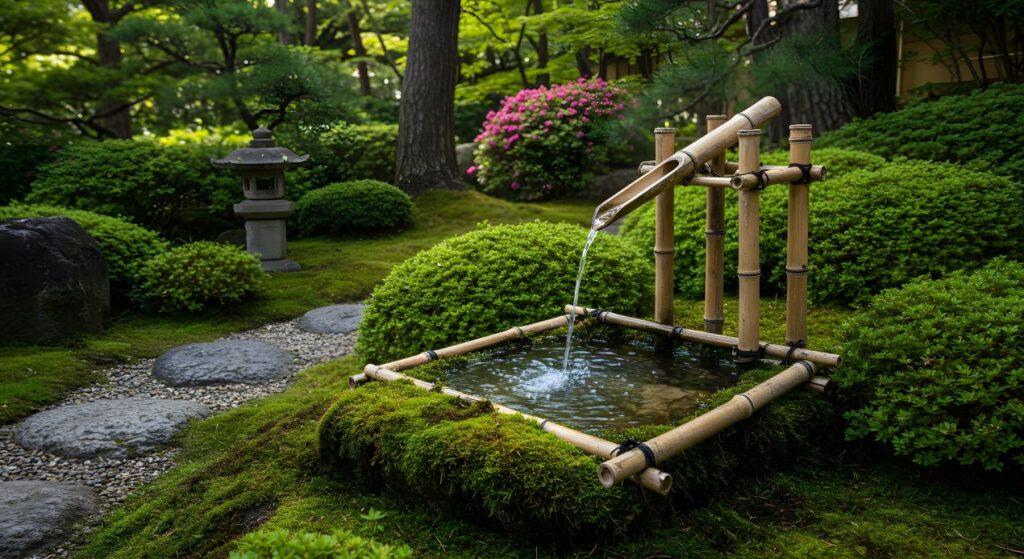 Wasserlauf aus Bambus in japanischem Moosgarten – Idee fuer ruhige Balkonpflanzen fuer jede Jahreszeit