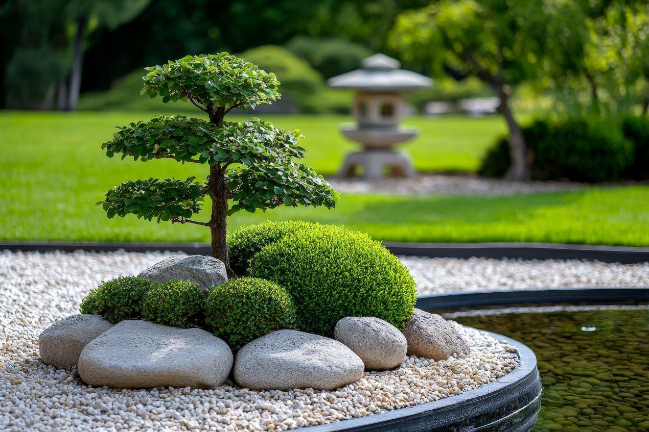 Minimalistischer Steingarten mit Bonsai und Kugelstraeuchern – Vorbild fuer Balkonpflanzen fuer jede Jahreszeit