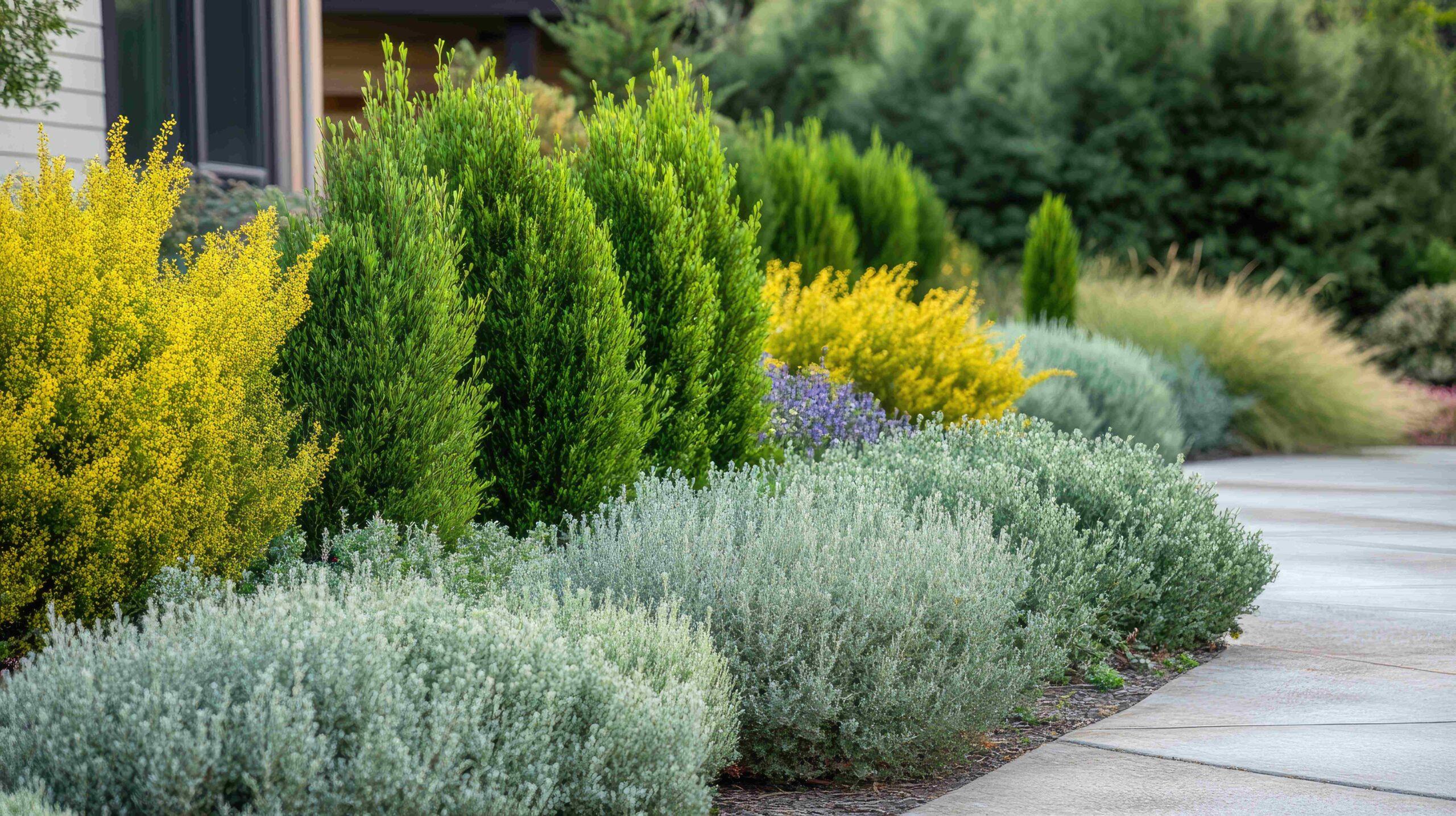Üppige Landschaftsgestaltung mit immergrünen Sträuchern und buntem Laub, die die Attraktivität der Fassade eines modernen Hauses steigert